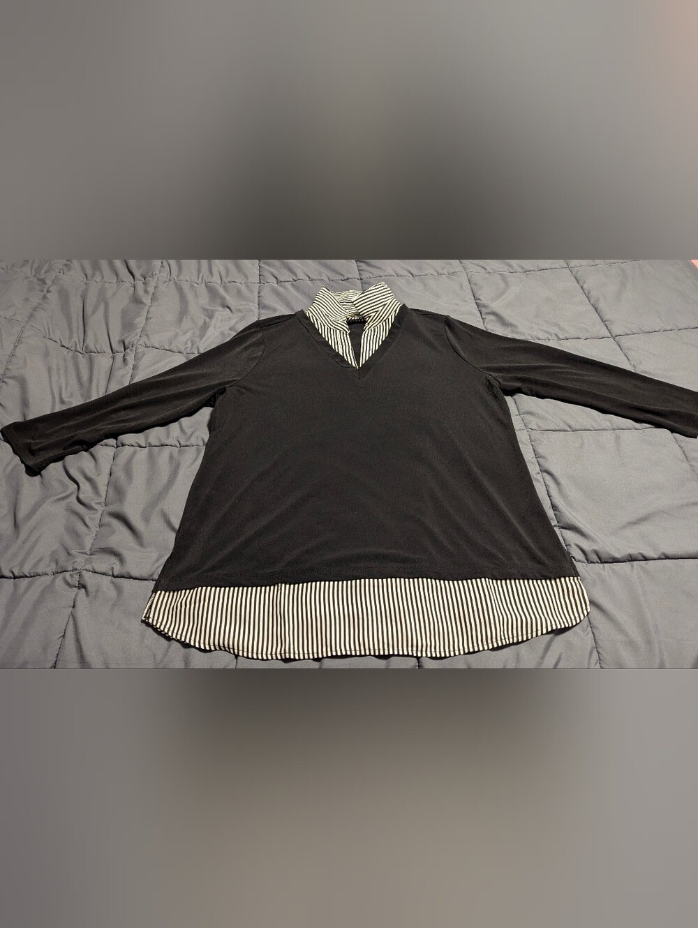 Adrianna Papell Black V-Neck Sweater with Black-and-White Striped Shirt Hem